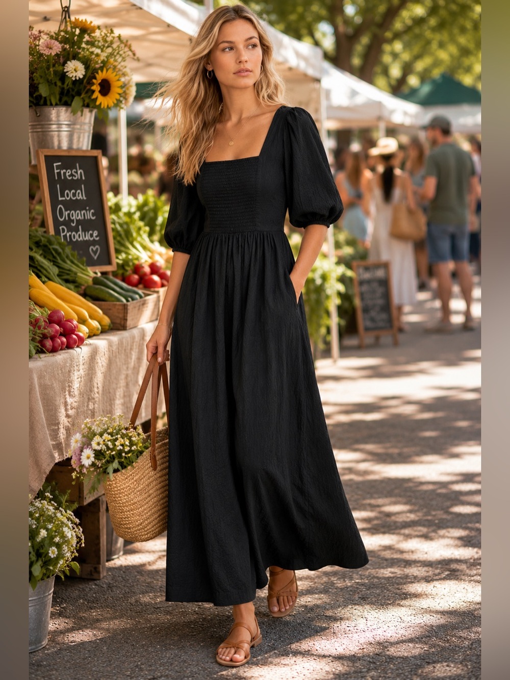 Black Puff Sleeve Midi Dress Pockets Smocked Back A New Day NWT Medium